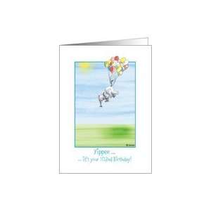  102nd Birthday, cute Elephant flying with balloons Card 