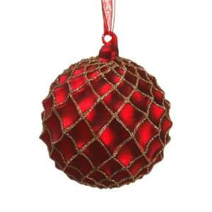  4 Diamond Pattern Glittered Glass Ball Ornament Red Gold 