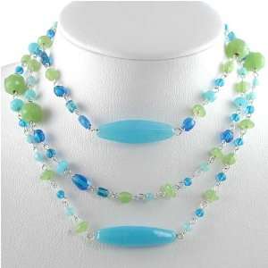   Green and Blue Long Beaded Necklace, #11087 Silver Jewelry Jewelry
