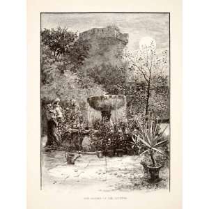  1883 Wood Engraving Garden Fountain Spain Reinhart Castle 
