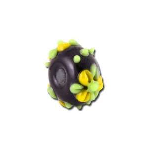  13mm Black with Green and Yellow Flowers Glass Beads 