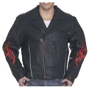  Mens Leather Motorcycle Jacket with Flames & Zip Out 
