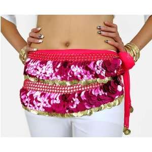   Coins Paillettes Belly Dance Hip Scarf, Shining Scale Style  hot pink