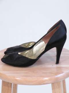 Vtg Bruno Magli peep toe heels pumps black satin shoes  
