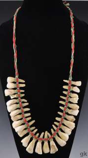 Native American Buffalo Teeth Beaded Necklace Green & Red Cording 