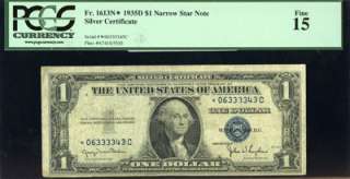 1935 D PCGS FINE 15 FR. 1613N* 1 DOLLAR NARROW STAR NOTE SILVER CERT 