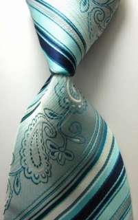 New Aqua Floral Stripe 100%Silk Woven Classic Mans Tie Necktie  