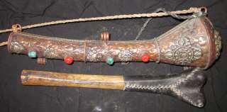 Old Tibet Leather Armor Bone Horn Trumpet With Bronze Box  