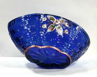 OLD HAND PAINTED COBALT GLASS BOWL CANDY BASKET~FLOWER  