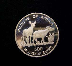 Zaire 1996 500 Nouveaux Zaires Coin Silver PF Two Okapi  