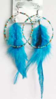 Y1104 Ladys BLUE Feather BEADS Circle Chandelier Earrings NEW STYLISH 