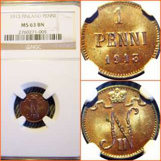 FINLAND 1913 ONE PENNI MS 63 NGC COLORFUL  