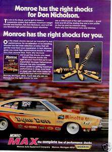 1974 MONROE SHOCKS DON NICHOLSON RACE CAR DYNO PRINT AD  