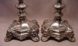 Pair 19th Century Austrian Silver Mythological Lion Heads Candlesticks 