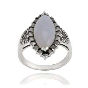  Sterling Silver Marcasite and Blue Lace Agate Marquise Ring 