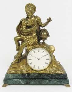   FRENCH SOLID BRONZE ORMOLU & MARBLE EXPLORER FIGURAL MANTEL CLOCK 1722