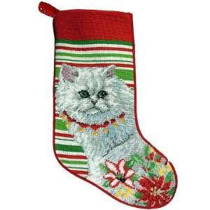  Festive White Persian Cat Needlepoint Christmas Stocking 