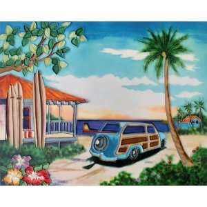 11x14 Art Tile   Woody Car By the Beach House