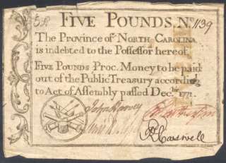 NORTH CAROLINA COLONIAL CURRENCY RARE FIVE POUND NOTE  