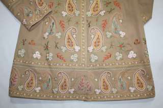 WOMENS EMBROIDERED TAN LONG JACKET TRENCH COAT  COLDWATER CREEK SIZE 