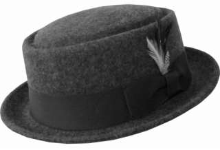 Mens Crushable Wool Felt Porkpie Hat w/Feather HE9 Gray  