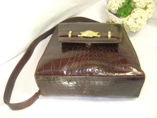 Vintage Gianni Versace Croc Stamped Leather Brown Shoulder Bag  