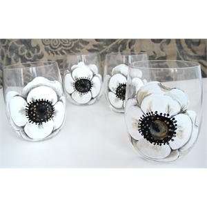  Hand Painted White Anemone Flower Glasses Set of 4