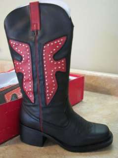 New BAMBOO COWBOY BOOTS Black/Red STUDDED TRIM  