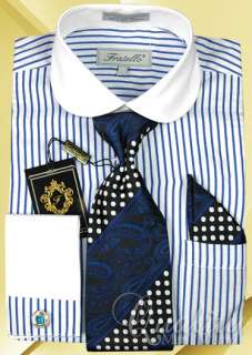  18.5 34/35 Solid Windsor Collar White Blue Mens Dress Shirt Tie Hankie