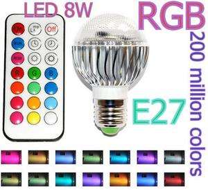   E27 LED RGB 8W 200 Million Colors Bright Light Bulb w/ Remote 100 240V