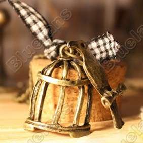   Vintage Cute Mini Bird Cage with Ribbon Fashion Pendant Necklace 5146