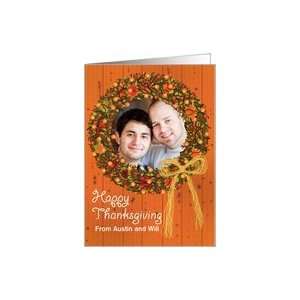  Thanksgiving Photo Card Wreath on Knotty Pine Paneling 