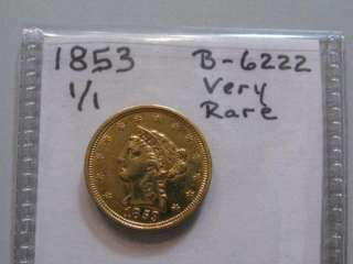 1853 1/1 $2.50 Quarter Eagle GOLD coin. Breen 6222. cleaned.  
