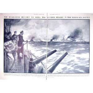   DAMAGED PRINT 1915 WAR SHIP BLUCHER NORTH SEA BATTLE