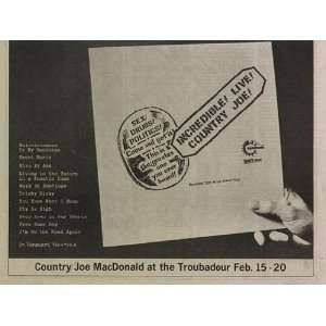 Country Joe Troubadour Concert Ad 1969