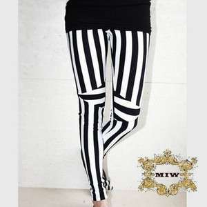 Sz S M L XL New Black White Stripes Prints Cotton Fashion Skinny Pants 