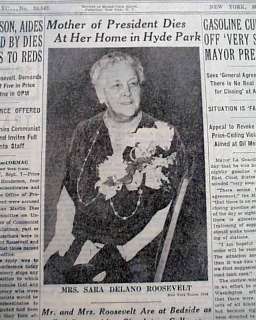 SARA DELANO ROOSEVELT Death FDRs Mother 1941 Newspaper  