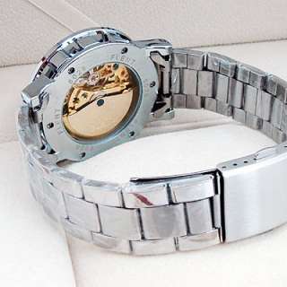 Golden Face Steel Band Mens Automatic Wrist Watch Mechanical Skeleton 