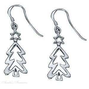  Sterling Silver Christmas Tree Cut Out Dangle Earrings 