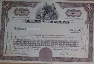 Stock Certificate American Sugar Co. Expired Used Scripophily Rare 