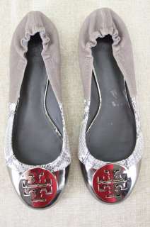 Tory Burch Lee Lee Tricolor Taupe grey leather platinum Snake flats 6 