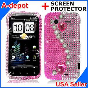 Pink Heart Bling Hard Case Cover HTC Sensation 4G +LCD  