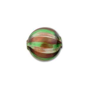  Venetian Blown Glass Round Bead   Red and Green Stripes 