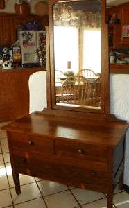 Solid Oak Abernathy Lowboy Dresser and Mirror  