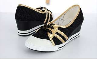 Wedge Mid Heels Low Sneakers Shoes Black&Gold US 5.5 8  