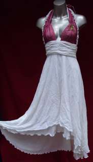 MEXICAN BEACH WEDDING WHITE &Fuchia Flowy Ruffle Halter Cotton Dress s 