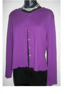 TRIBECA STUDIO Purple Cotton Knit Cardigan Sweater M Petite Ruffle 