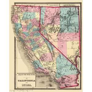  STATES OF CALIFORNIA (CA) & NEVADA (NV) MAP 1872