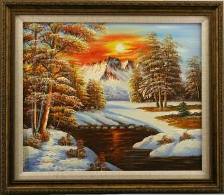 Sunset Mountain Snow Landscape Art FRAMED OIL PAINTING  