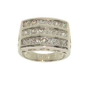 Dramatic Three Row Channel Set Silvertone Cocktail Ring in Clear Cubic 